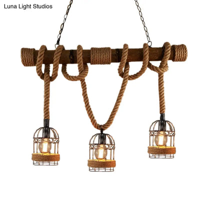 DecorBites™ Farmhouse Brown Iron Bird Cage Pendant with Rope and Wood Pole - Set of 3 Bulbs