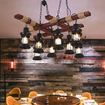 DecorBites™ Farmhouse Brown Lantern Pendant Lamp with Clear Glass and Multiple Wood Arm Designs - Island Light with 2/6/8 Lights