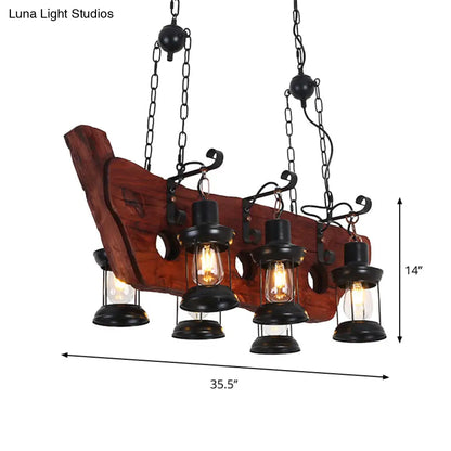 DecorBites™ Farmhouse Brown Lantern Pendant Lamp with Clear Glass and Multiple Wood Arm Designs - Island Light with 2/6/8 Lights