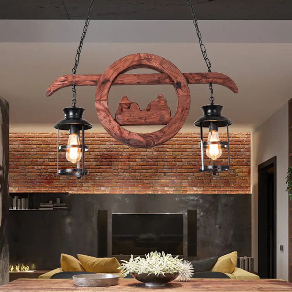 DecorBites™ Farmhouse Brown Lantern Pendant Lamp with Clear Glass and Multiple Wood Arm Designs - Island Light with 2/6/8 Lights