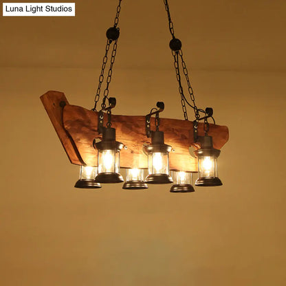 DecorBites™ Farmhouse Brown Lantern Pendant Lamp with Clear Glass and Multiple Wood Arm Designs - Island Light with 2/6/8 Lights