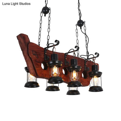 DecorBites™ Farmhouse Brown Lantern Pendant Lamp with Clear Glass and Multiple Wood Arm Designs - Island Light with 2/6/8 Lights