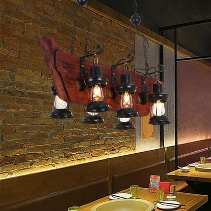 DecorBites™ Farmhouse Brown Lantern Pendant Lamp with Clear Glass and Multiple Wood Arm Designs - Island Light with 2/6/8 Lights