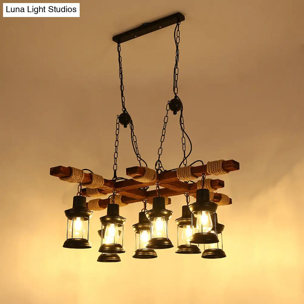 DecorBites™ Farmhouse Brown Lantern Pendant Lamp with Clear Glass and Multiple Wood Arm Designs - Island Light with 2/6/8 Lights