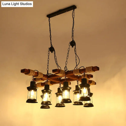 DecorBites™ Farmhouse Brown Lantern Pendant Lamp with Clear Glass and Multiple Wood Arm Designs - Island Light with 2/6/8 Lights