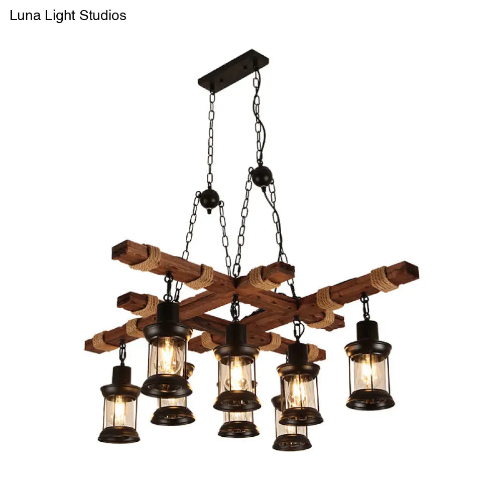 DecorBites™ Farmhouse Brown Lantern Pendant Lamp with Clear Glass and Multiple Wood Arm Designs - Island Light with 2/6/8 Lights