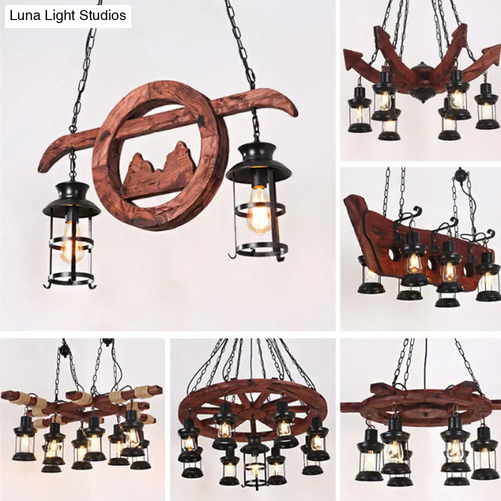 DecorBites™ Farmhouse Brown Lantern Pendant Lamp with Clear Glass and Multiple Wood Arm Designs - Island Light with 2/6/8 Lights