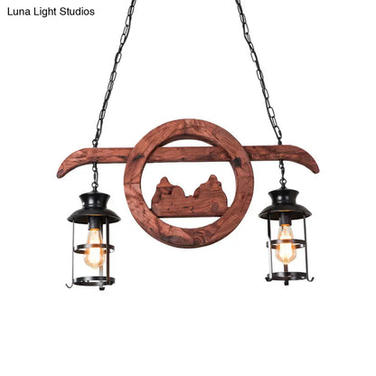DecorBites™ Farmhouse Brown Lantern Pendant Lamp with Clear Glass and Multiple Wood Arm Designs - Island Light with 2/6/8 Lights