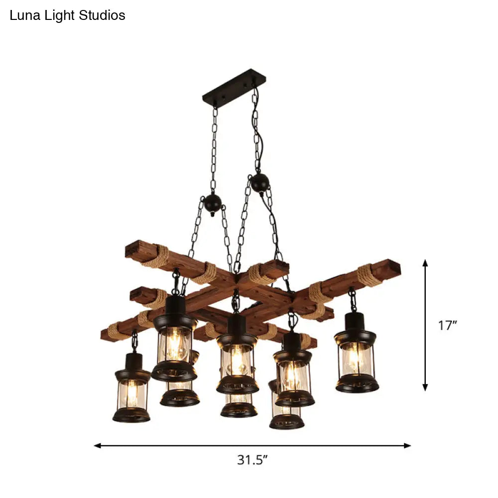 DecorBites™ Farmhouse Brown Lantern Pendant Lamp with Clear Glass and Multiple Wood Arm Designs - Island Light with 2/6/8 Lights