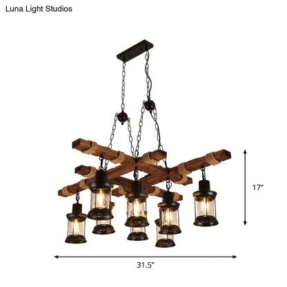 DecorBites™ Farmhouse Brown Lantern Pendant Lamp with Clear Glass and Multiple Wood Arm Designs - Island Light with 2/6/8 Lights