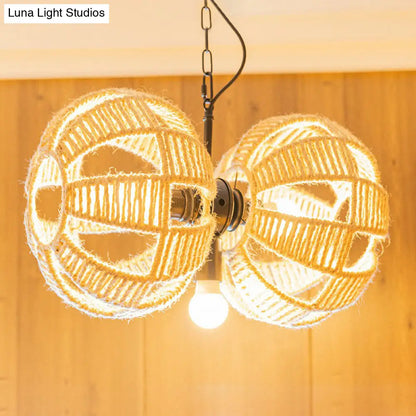 Farmhouse Brown Rope Chandelier Lamp - 3-Light Double Melon Suspension Pendant