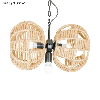 Farmhouse Brown Rope Chandelier Lamp - 3-Light Double Melon Suspension Pendant