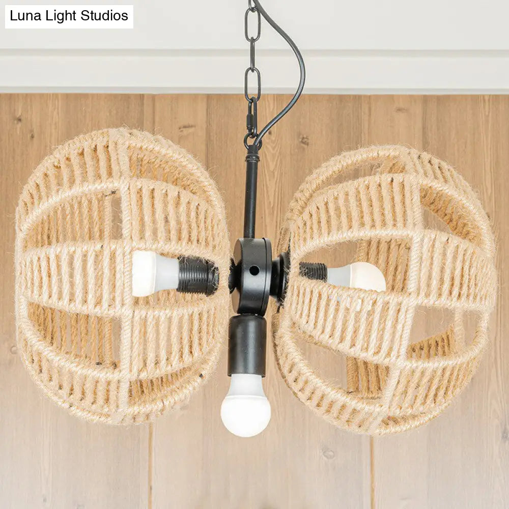 Farmhouse Brown Rope Chandelier Lamp - 3-Light Double Melon Suspension Pendant