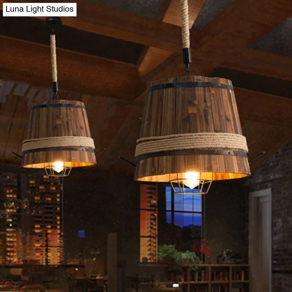 Farmhouse Bucket Shade Wood Pendant Light with Rope Rod - 1-Light Suspension Lamp