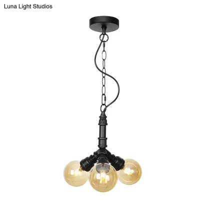 Farmhouse Ceiling Chandelier - Amber/Clear Glass, 3/4/5 Lights, Black Suspension Light for Living Room