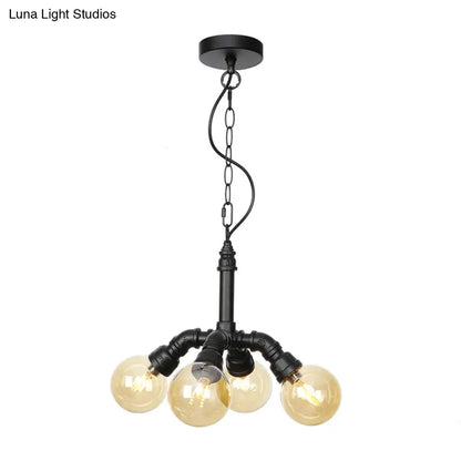 Farmhouse Ceiling Chandelier - Amber/Clear Glass, 3/4/5 Lights, Black Suspension Light for Living Room