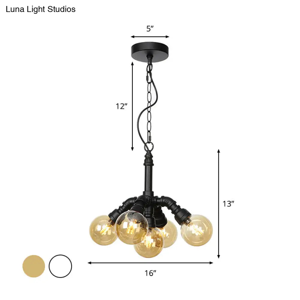 Farmhouse Ceiling Chandelier - Amber/Clear Glass, 3/4/5 Lights, Black Suspension Light for Living Room