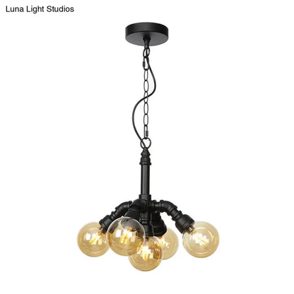 Farmhouse Ceiling Chandelier - Amber/Clear Glass, 3/4/5 Lights, Black Suspension Light for Living Room