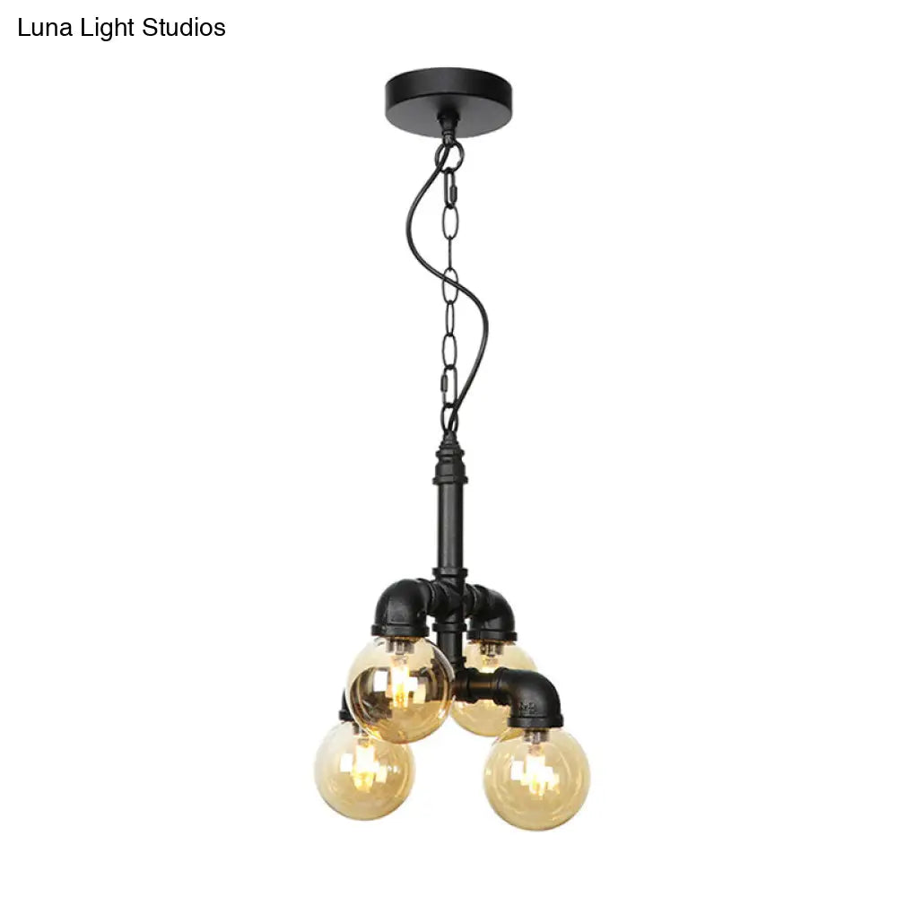 Farmhouse Ceiling Chandelier - Amber/Clear Glass, 3/4/5 Lights, Black Suspension Light for Living Room