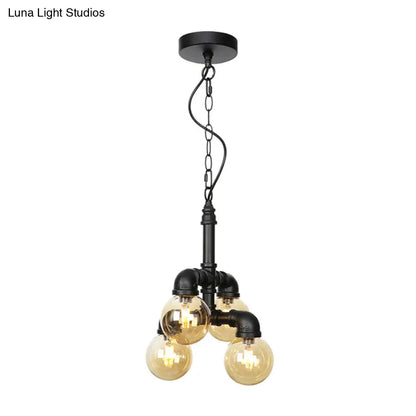 Farmhouse Ceiling Chandelier - Amber/Clear Glass, 3/4/5 Lights, Black Suspension Light for Living Room