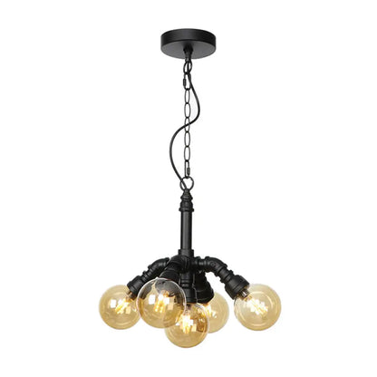 Farmhouse Ceiling Chandelier - Amber/Clear Glass, 3/4/5 Lights, Black Suspension Light for Living Room