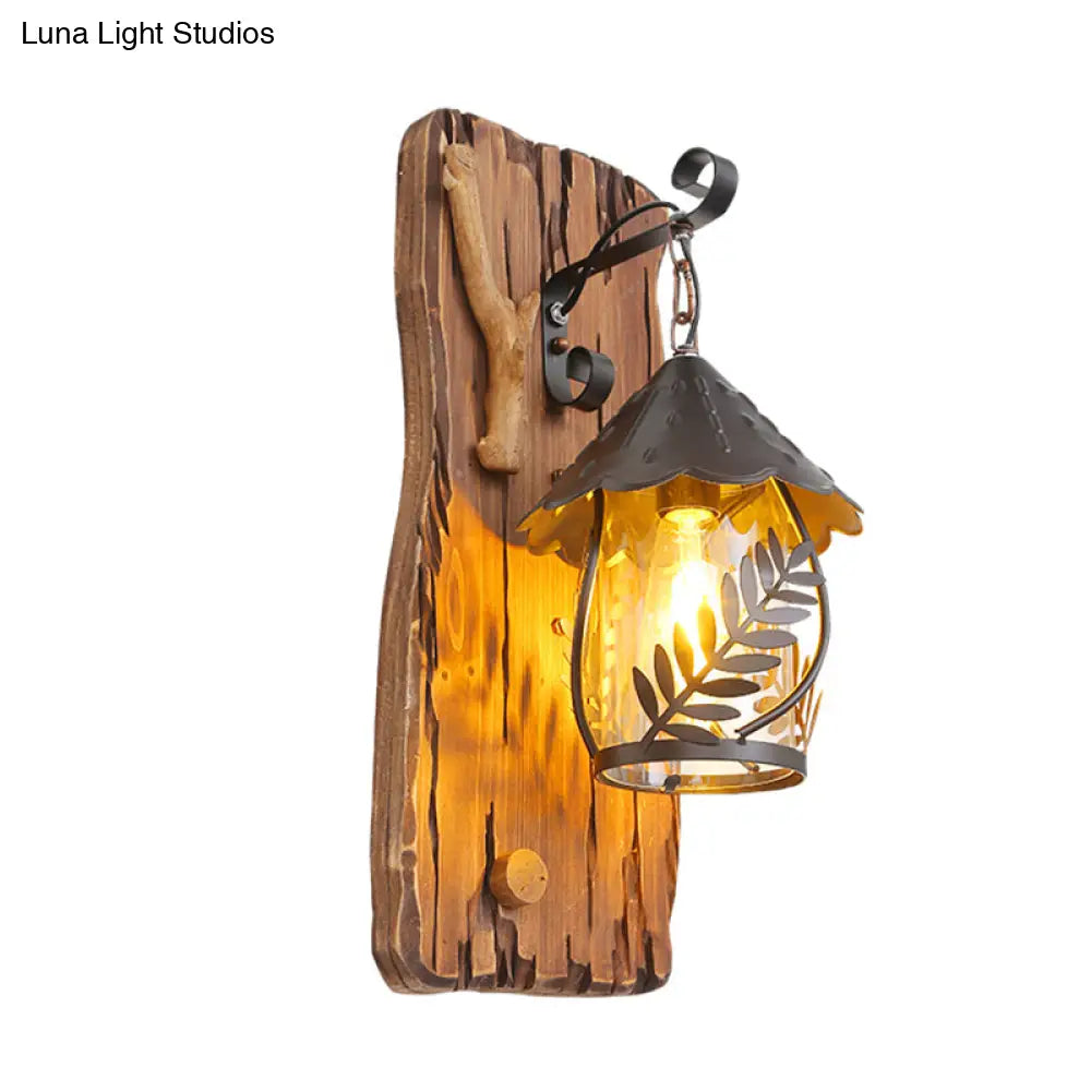 DecorBites™ Farmhouse Clear Glass Wall Mounted Leaf Light with Wood Backplate - Brown