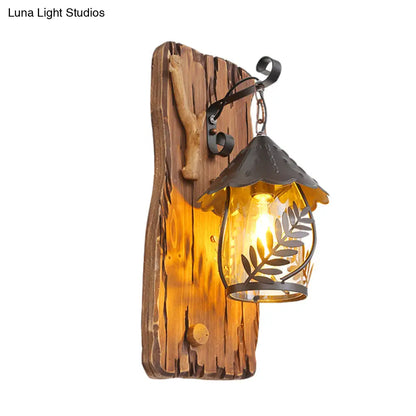 DecorBites™ Farmhouse Clear Glass Wall Mounted Leaf Light with Wood Backplate - Brown