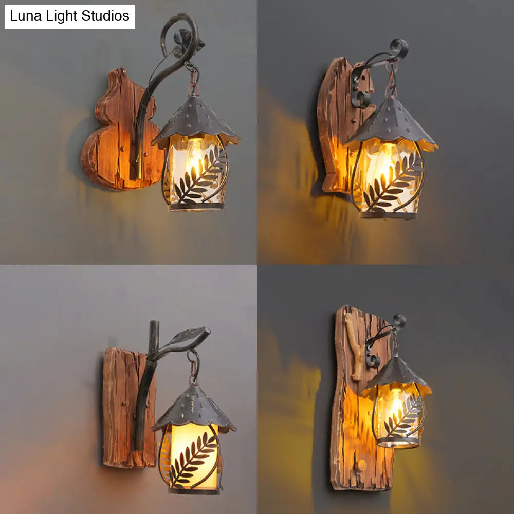 DecorBites™ Farmhouse Clear Glass Wall Mounted Leaf Light with Wood Backplate - Brown