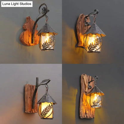 DecorBites™ Farmhouse Clear Glass Wall Mounted Leaf Light with Wood Backplate - Brown