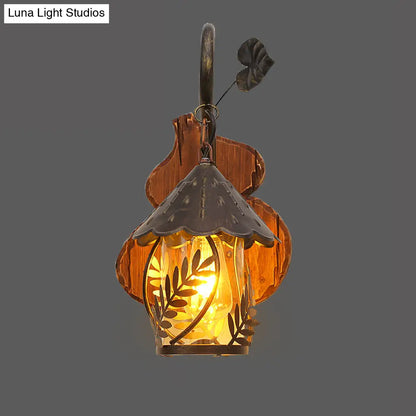 DecorBites™ Farmhouse Clear Glass Wall Mounted Leaf Light with Wood Backplate - Brown