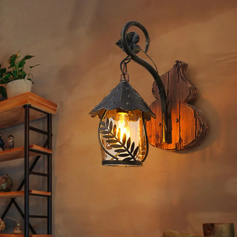 DecorBites™ Farmhouse Clear Glass Wall Mounted Leaf Light with Wood Backplate - Brown