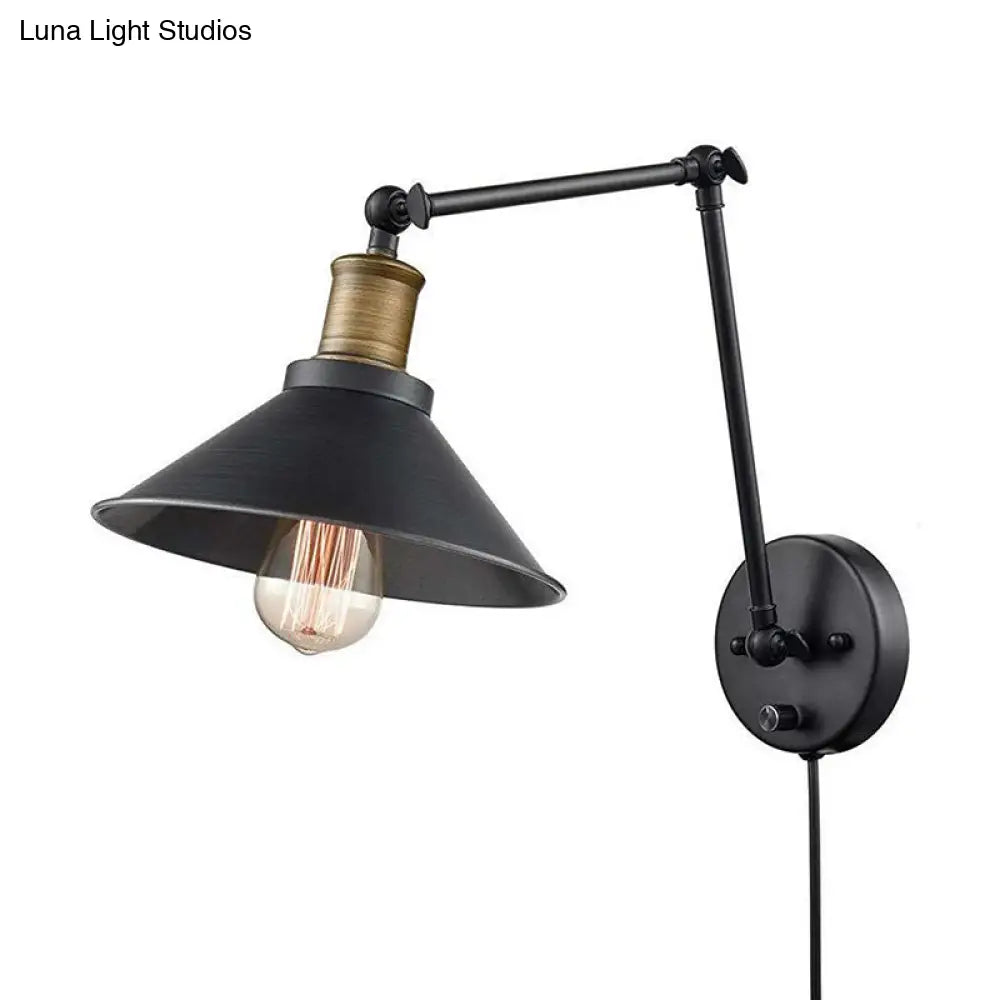 DecorBites™ Farmhouse Cone Metal Wall Light - Swing Arm Wall Mounted Lamp (1 Head), Black - with/without Plug
