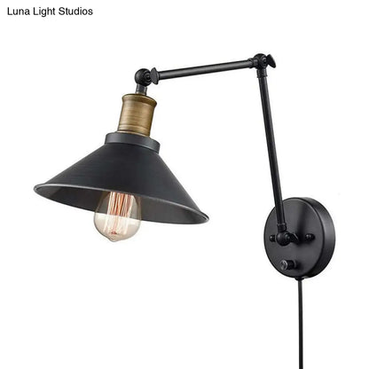 DecorBites™ Farmhouse Cone Metal Wall Light - Swing Arm Wall Mounted Lamp (1 Head), Black - with/without Plug