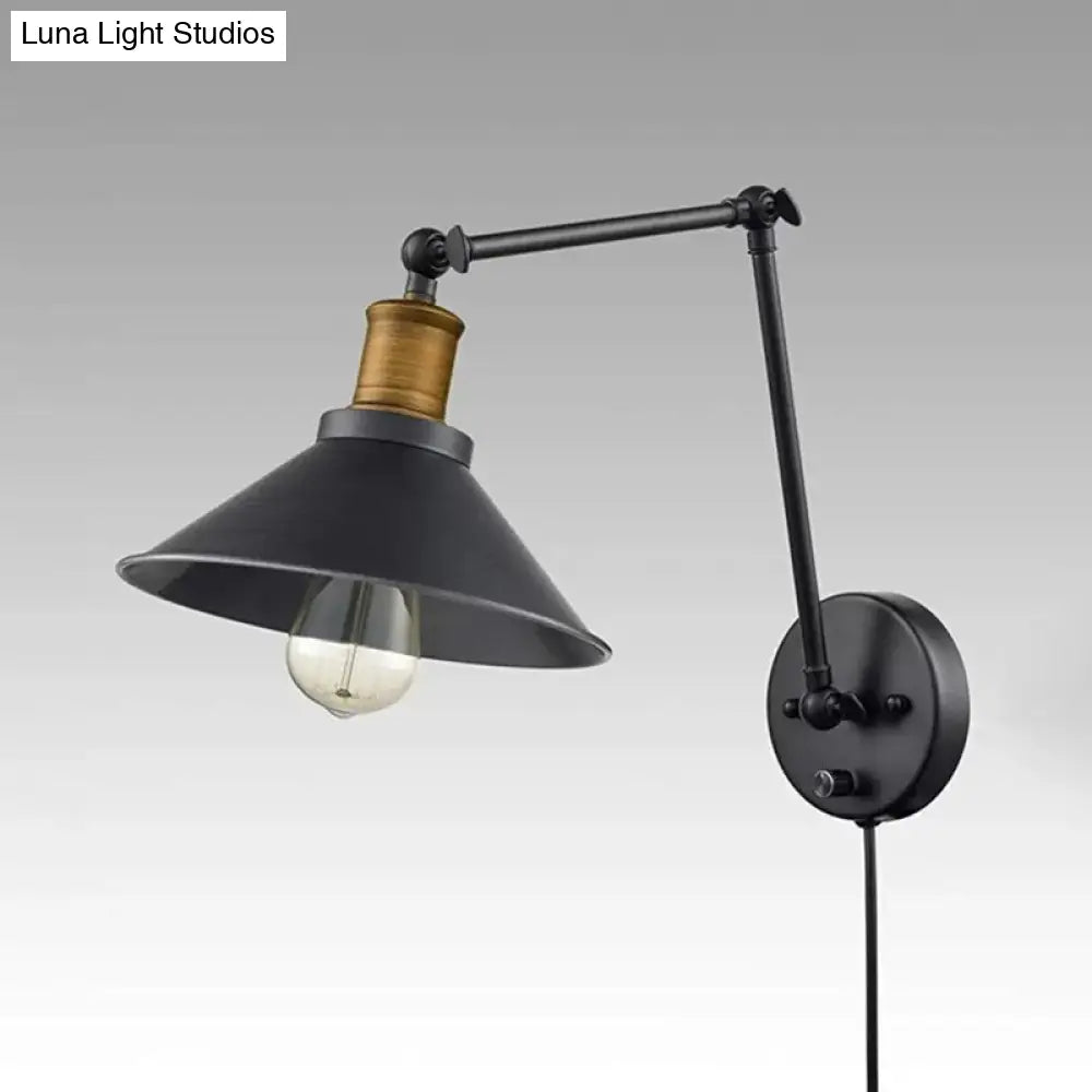 DecorBites™ Farmhouse Cone Metal Wall Light - Swing Arm Wall Mounted Lamp (1 Head), Black - with/without Plug