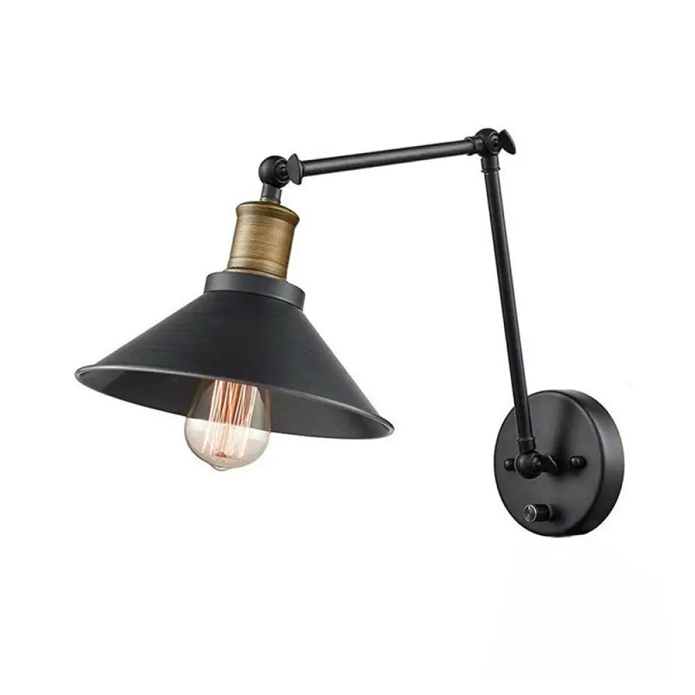 DecorBites™ Farmhouse Cone Metal Wall Light - Swing Arm Wall Mounted Lamp (1 Head), Black - with/without Plug