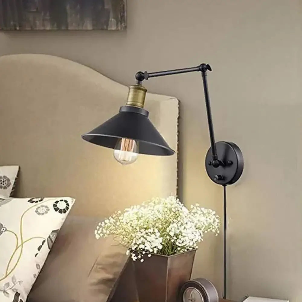 DecorBites™ Farmhouse Cone Metal Wall Light - Swing Arm Wall Mounted Lamp (1 Head), Black - with/without Plug