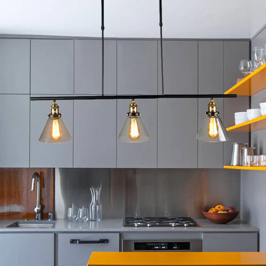 DecorBites™ Farmhouse Cone Shade Pendant 3-Light Clear Glass Island Lamp in Black - Ideal for Dining Room