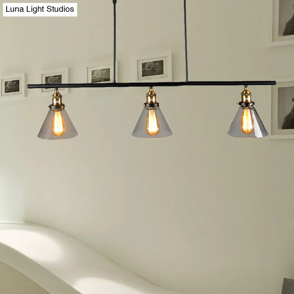 DecorBites™ Farmhouse Cone Shade Pendant 3-Light Clear Glass Island Lamp in Black - Ideal for Dining Room