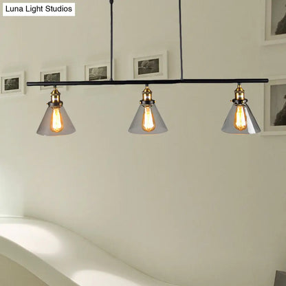 DecorBites™ Farmhouse Cone Shade Pendant 3-Light Clear Glass Island Lamp in Black - Ideal for Dining Room