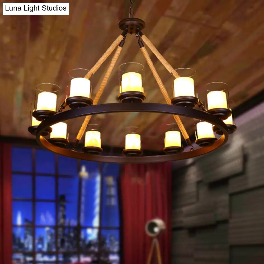 Farmhouse Cylindrical Suspension Lamp: Clear Glass Chandelier with Rope Arm