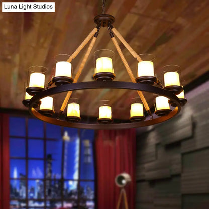 Farmhouse Cylindrical Suspension Lamp: Clear Glass Chandelier with Rope Arm