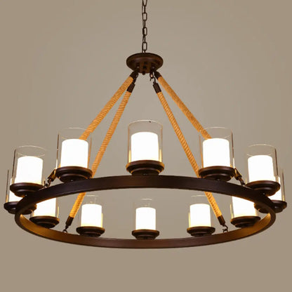 Farmhouse Cylindrical Suspension Lamp: Clear Glass Chandelier with Rope Arm