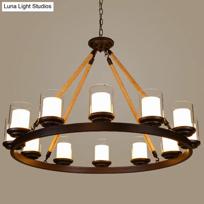 Farmhouse Cylindrical Suspension Lamp: Clear Glass Chandelier with Rope Arm