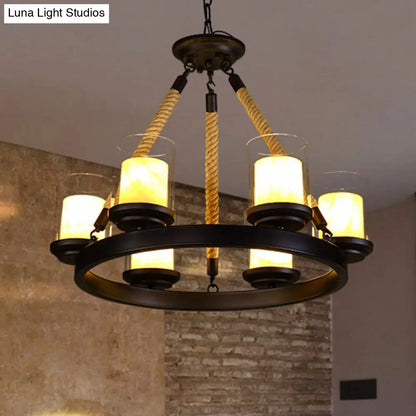 Farmhouse Cylindrical Suspension Lamp: Clear Glass Chandelier with Rope Arm