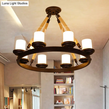 Farmhouse Cylindrical Suspension Lamp: Clear Glass Chandelier with Rope Arm