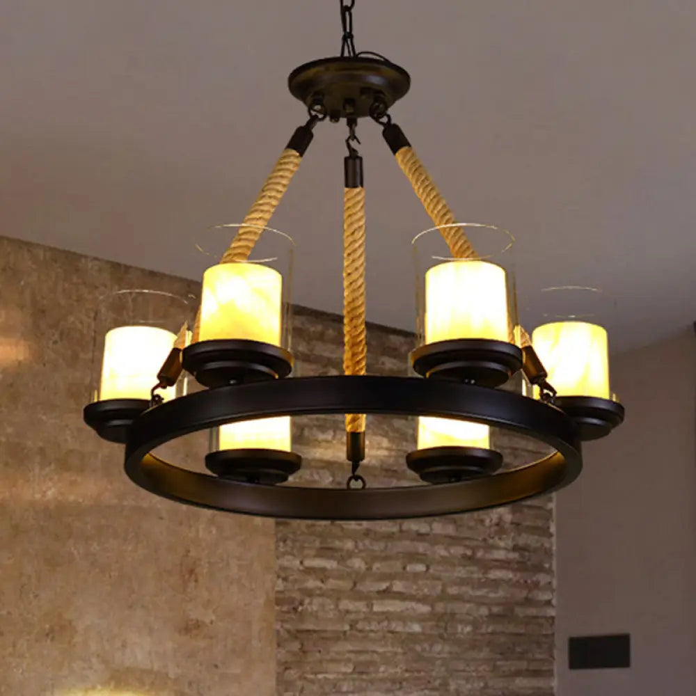 Farmhouse Cylindrical Suspension Lamp: Clear Glass Chandelier with Rope Arm