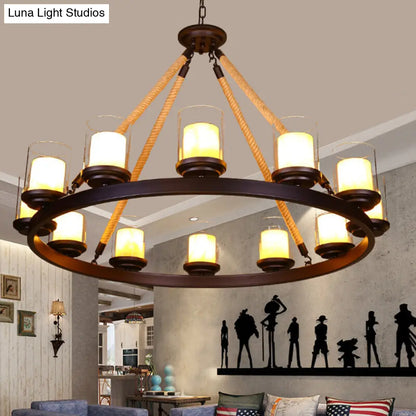 Farmhouse Cylindrical Suspension Lamp: Clear Glass Chandelier with Rope Arm