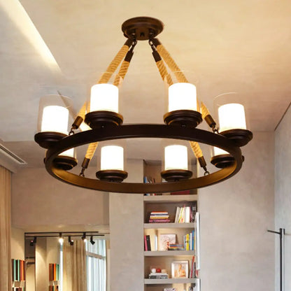 Farmhouse Cylindrical Suspension Lamp: Clear Glass Chandelier with Rope Arm