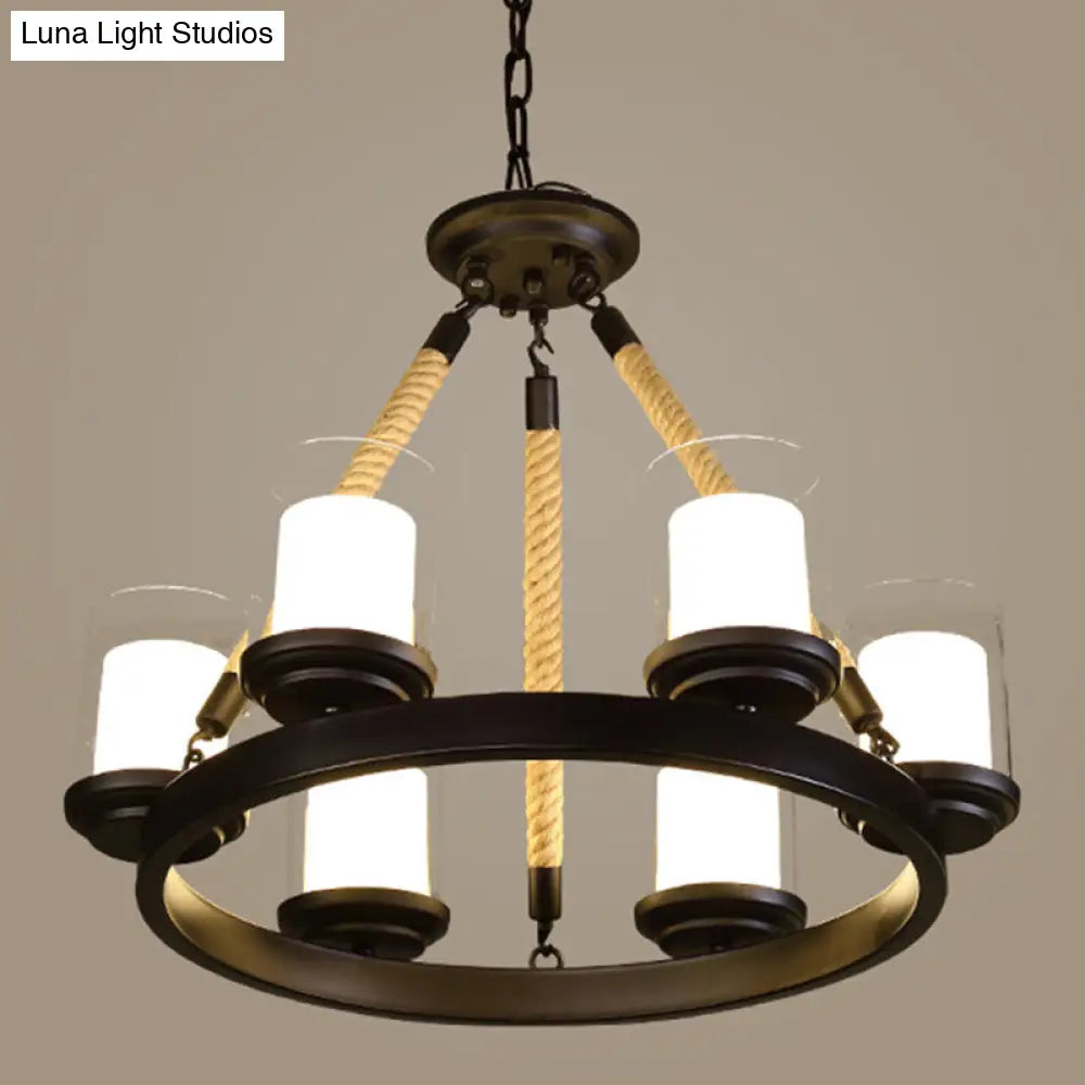 Farmhouse Cylindrical Suspension Lamp: Clear Glass Chandelier with Rope Arm