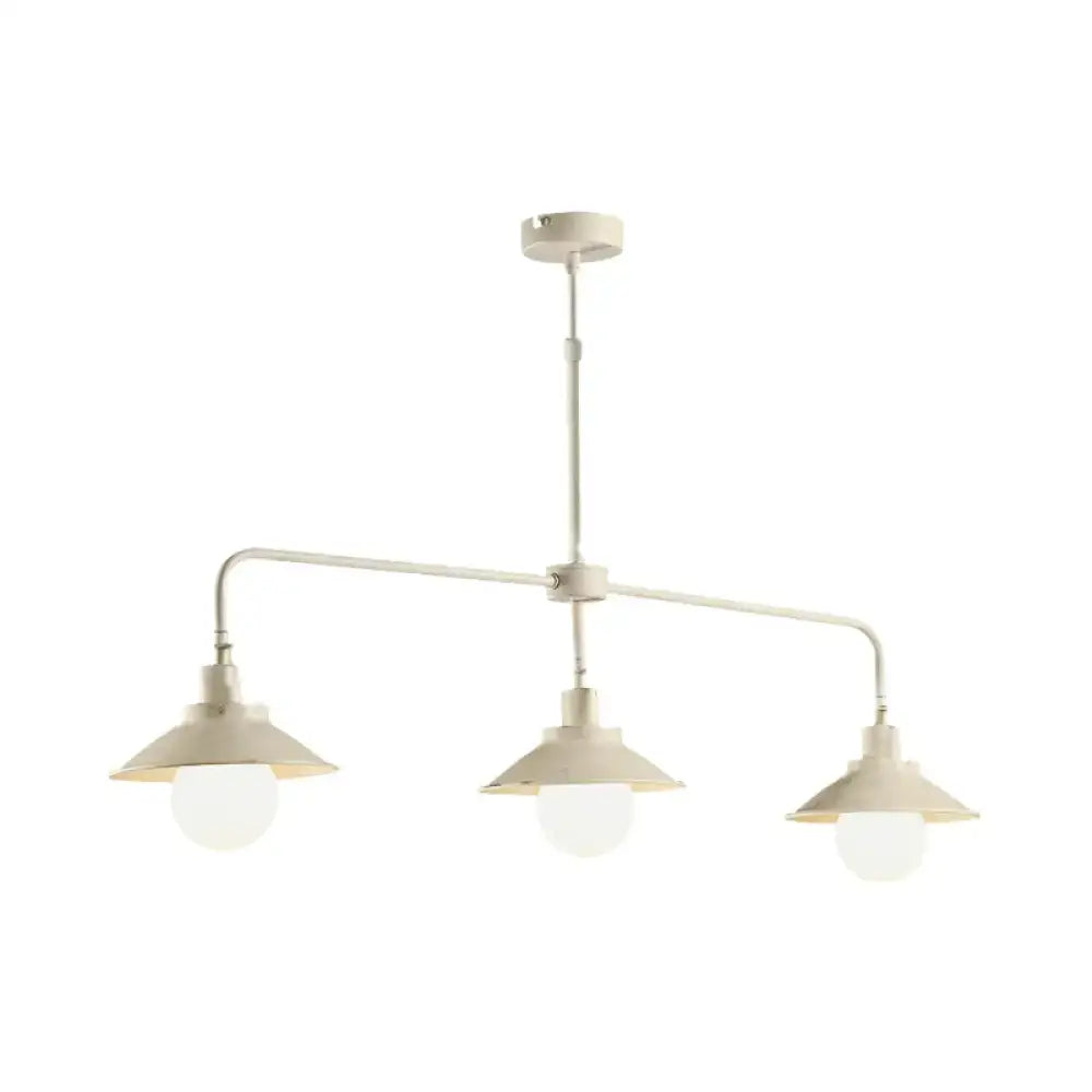 Cream-colored industrial-style pendant light with three conical shades frosted glass bulbs distressed white 110v-120v